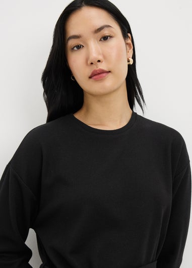 Black Cosy Rib Belted Midi Dress