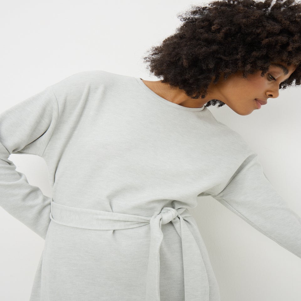 Grey Cosy Rib Belted Midi Dress