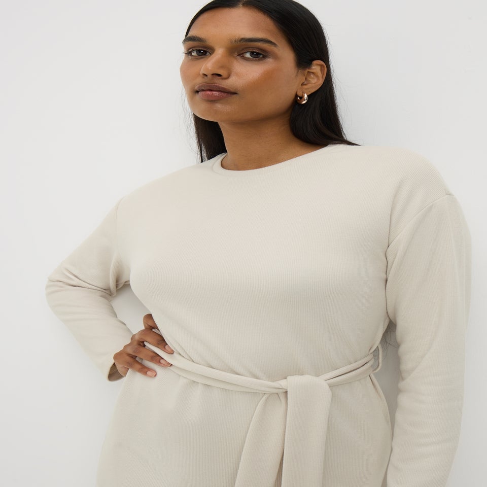 Cream Belted Cosy Midi Dress