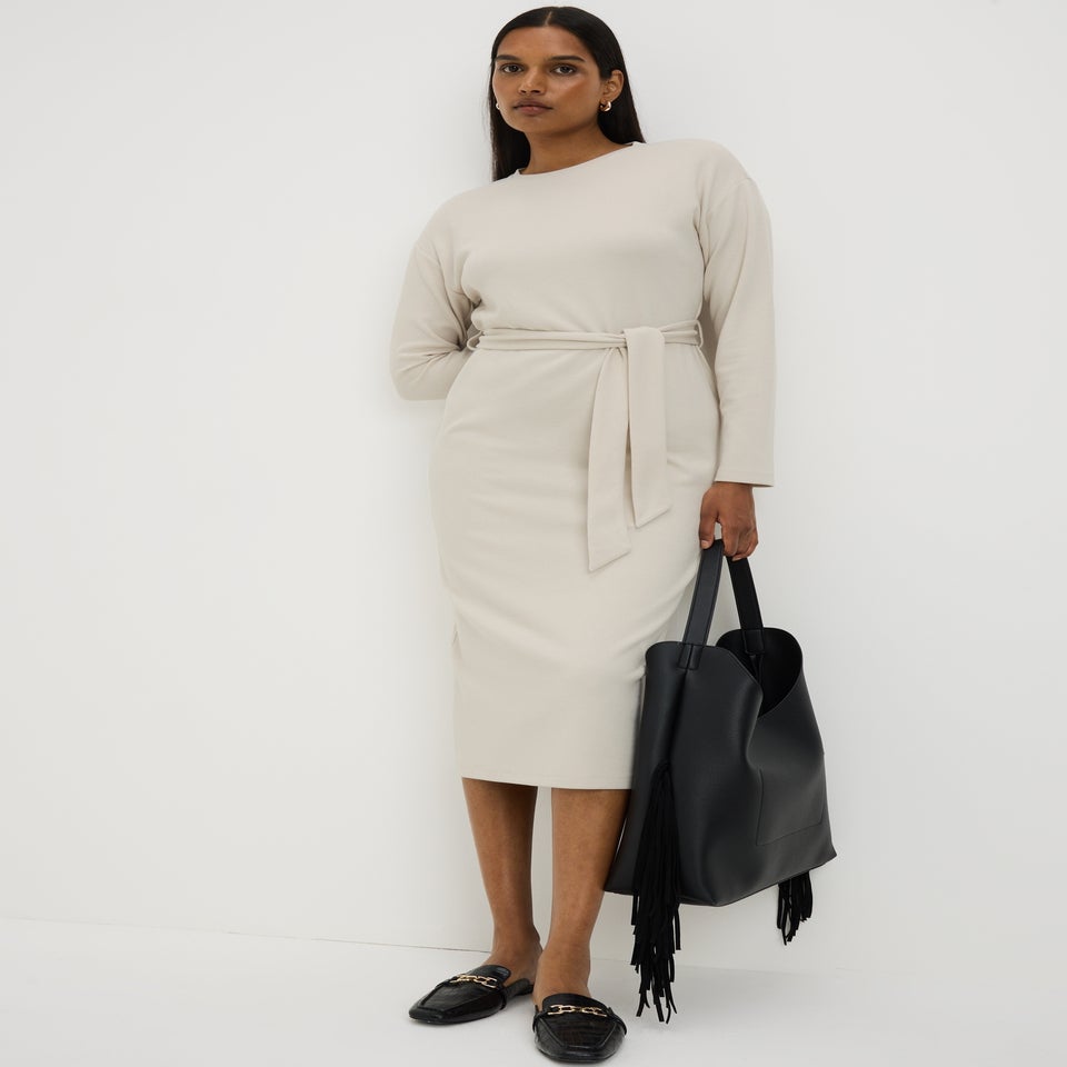 Cream Belted Cosy Midi Dress