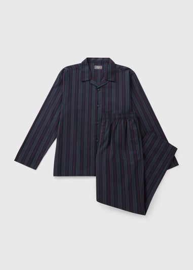 Navy Cotton Woven Striped Long Pyjama Set