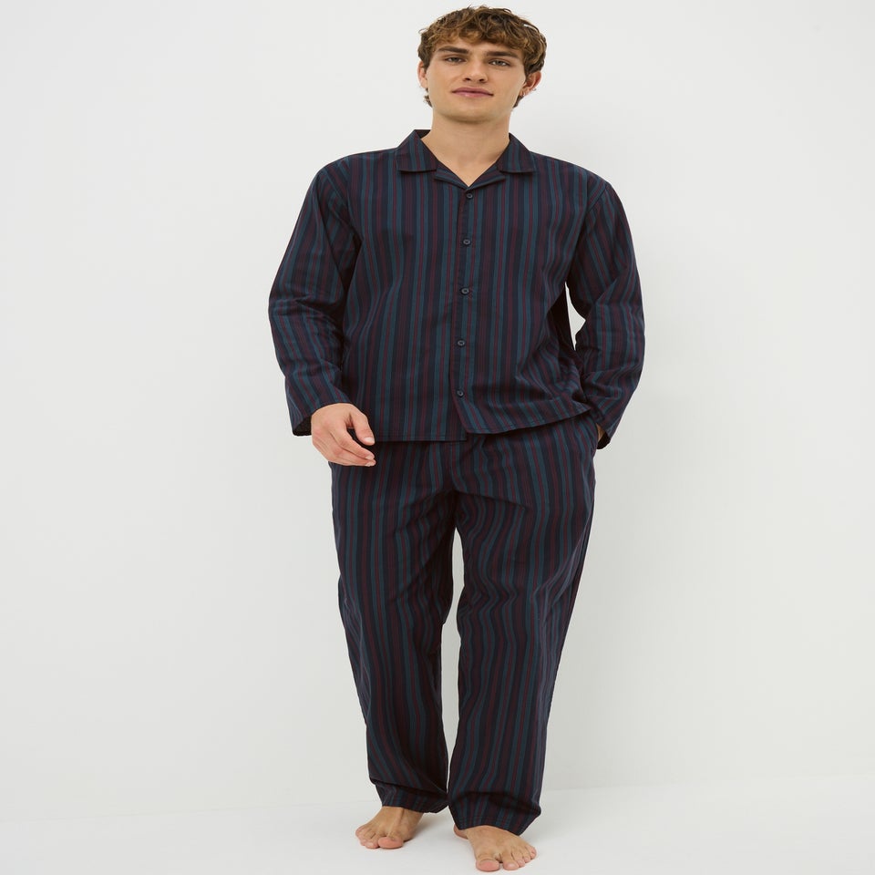 Navy Cotton Woven Striped Long Pyjama Set