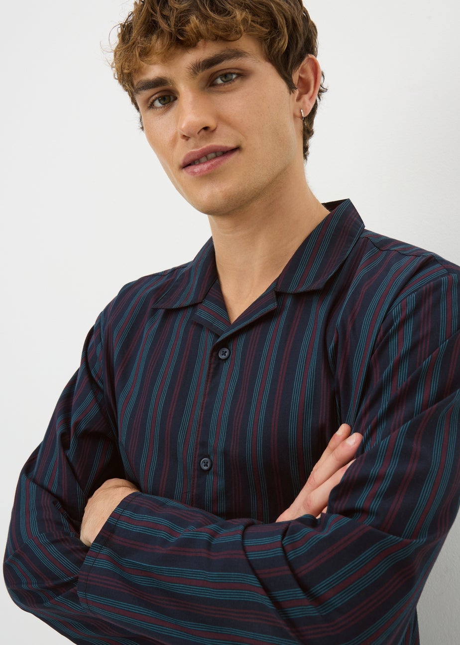 Navy Cotton Woven Striped Long Pyjama Set