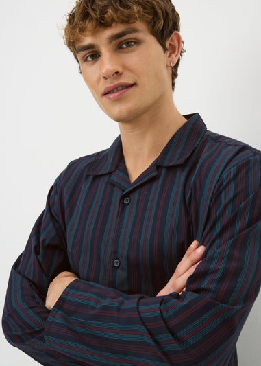 Navy Cotton Woven Striped Long Pyjama Set