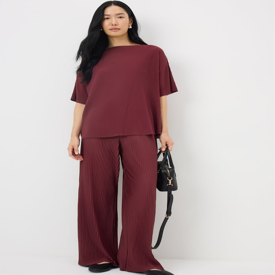 Burgundy Drop Shoulder Plisse Co Ord Top