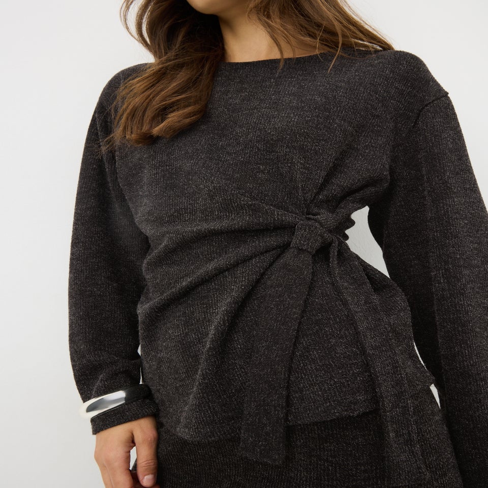 Grey Knot Front Long Sleeved Top
