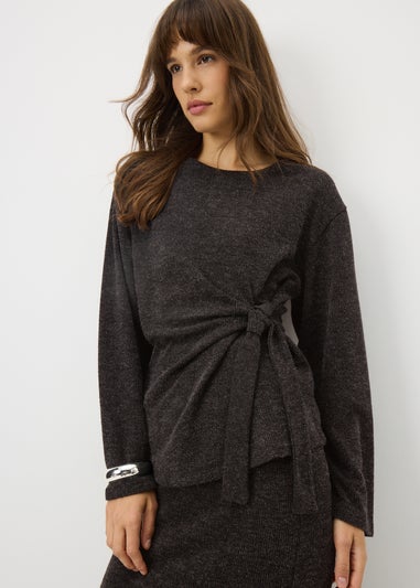 Grey Knot Front Long Sleeved Top