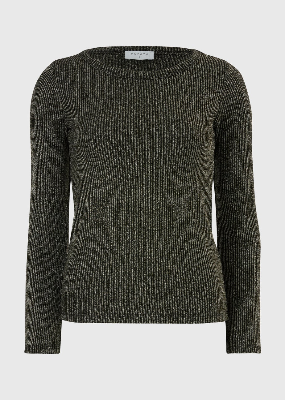 Black Sparkle Ribbed Long Sleeve Top