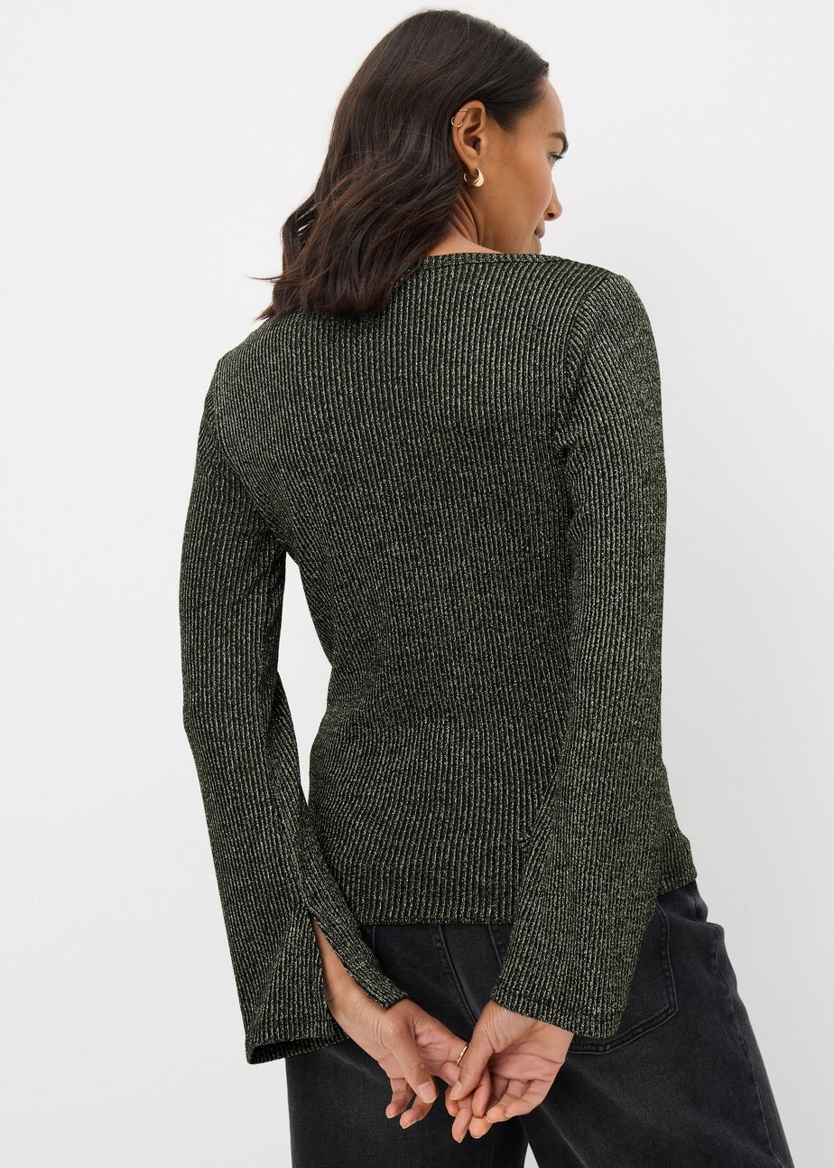 Black Sparkle Ribbed Long Sleeve Top