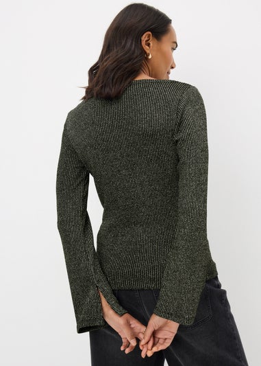 Black Sparkle Ribbed Long Sleeve Top