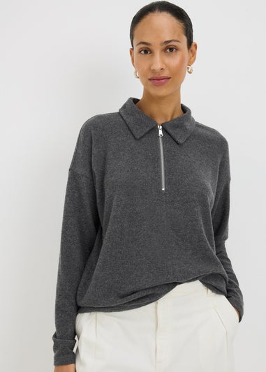 Charcoal Grey Zip Collared Snit Top