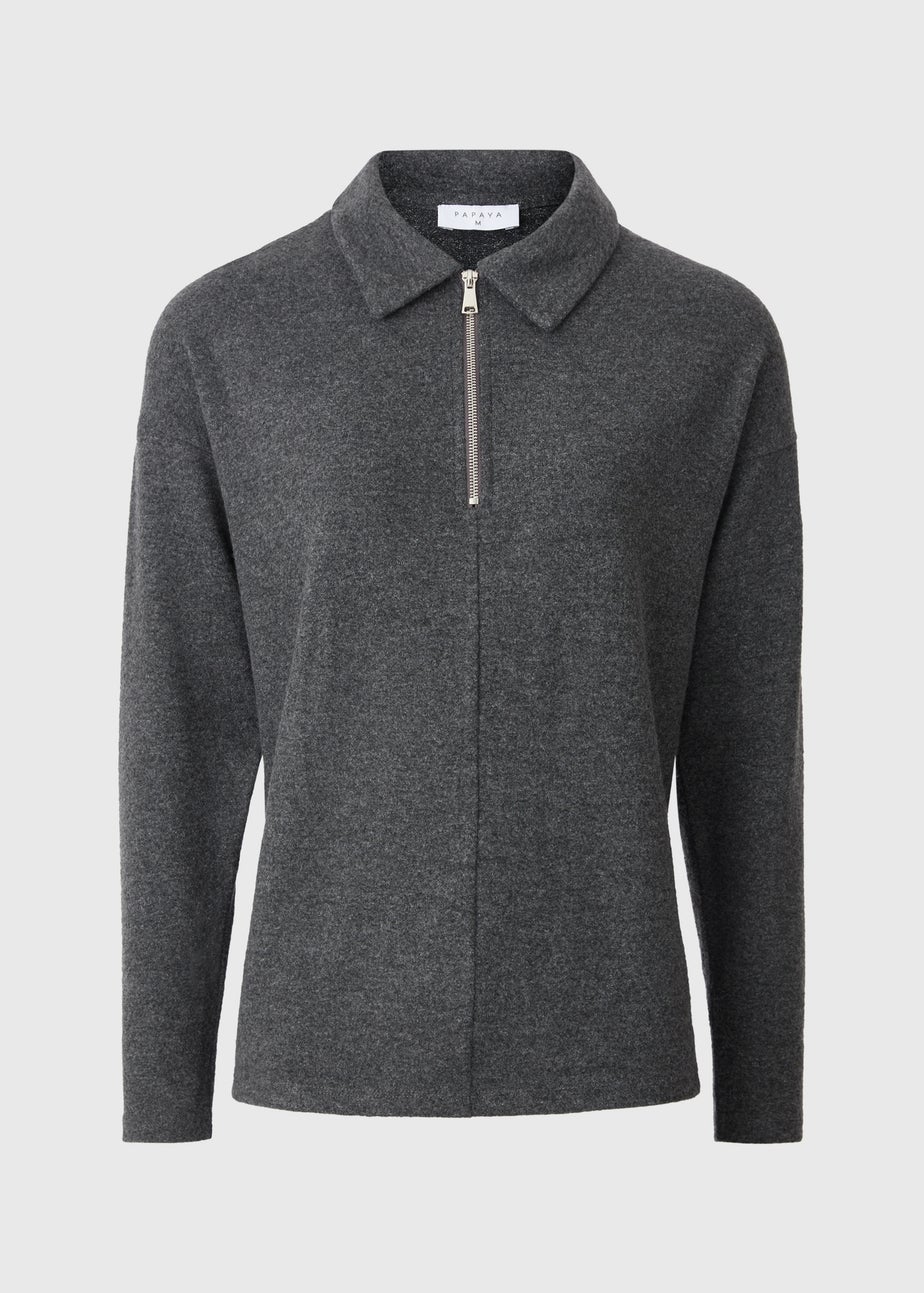 Charcoal Grey Zip Collared Snit Top