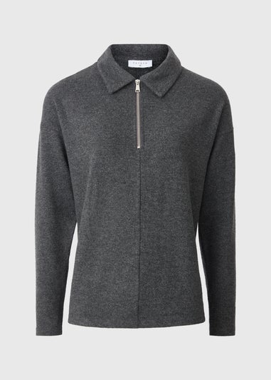 Charcoal Grey Zip Collared Snit Top