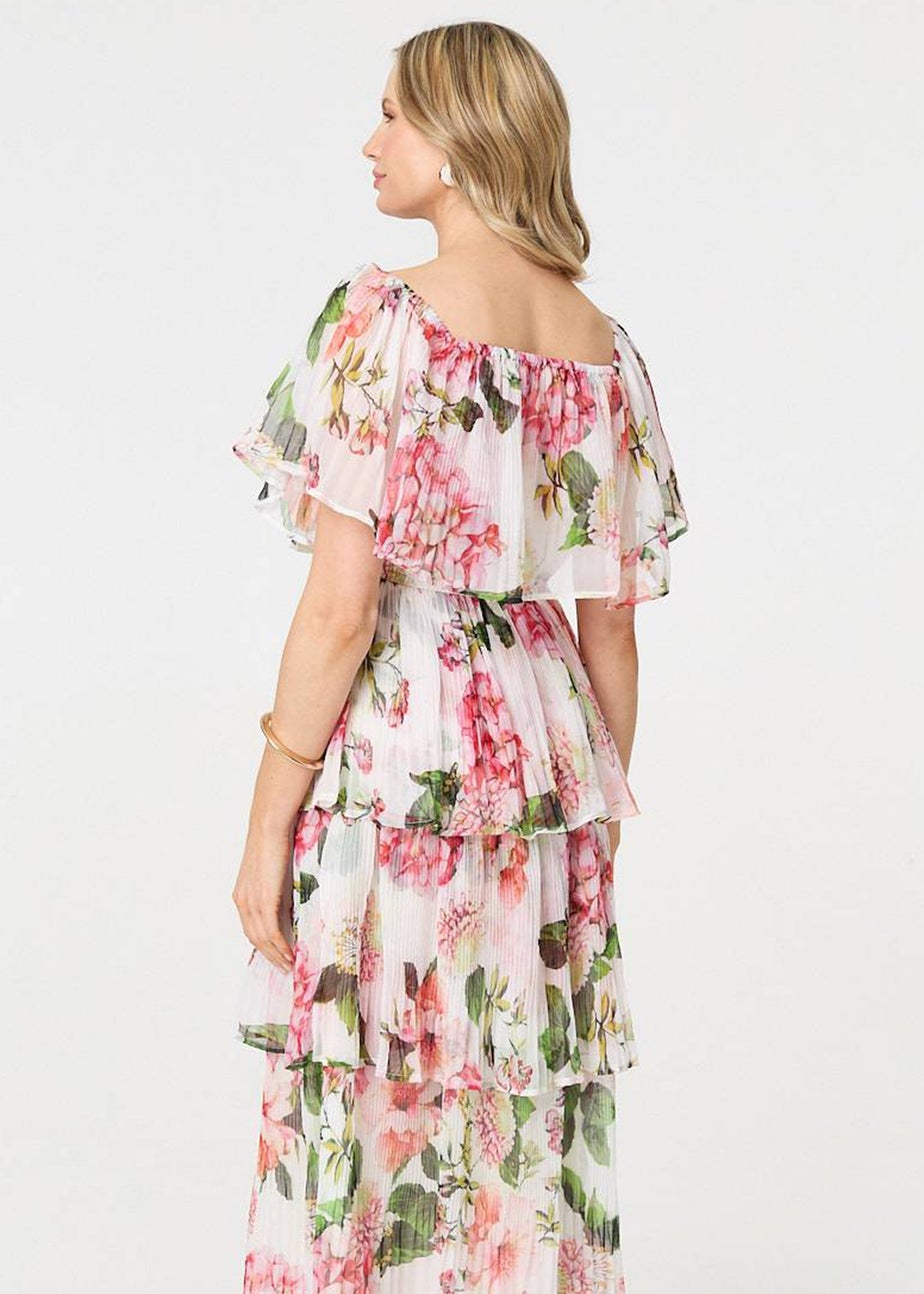 Izabel London White Floral Tiered Pleated Midi Dress