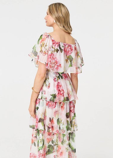 Izabel London White Floral Tiered Pleated Midi Dress