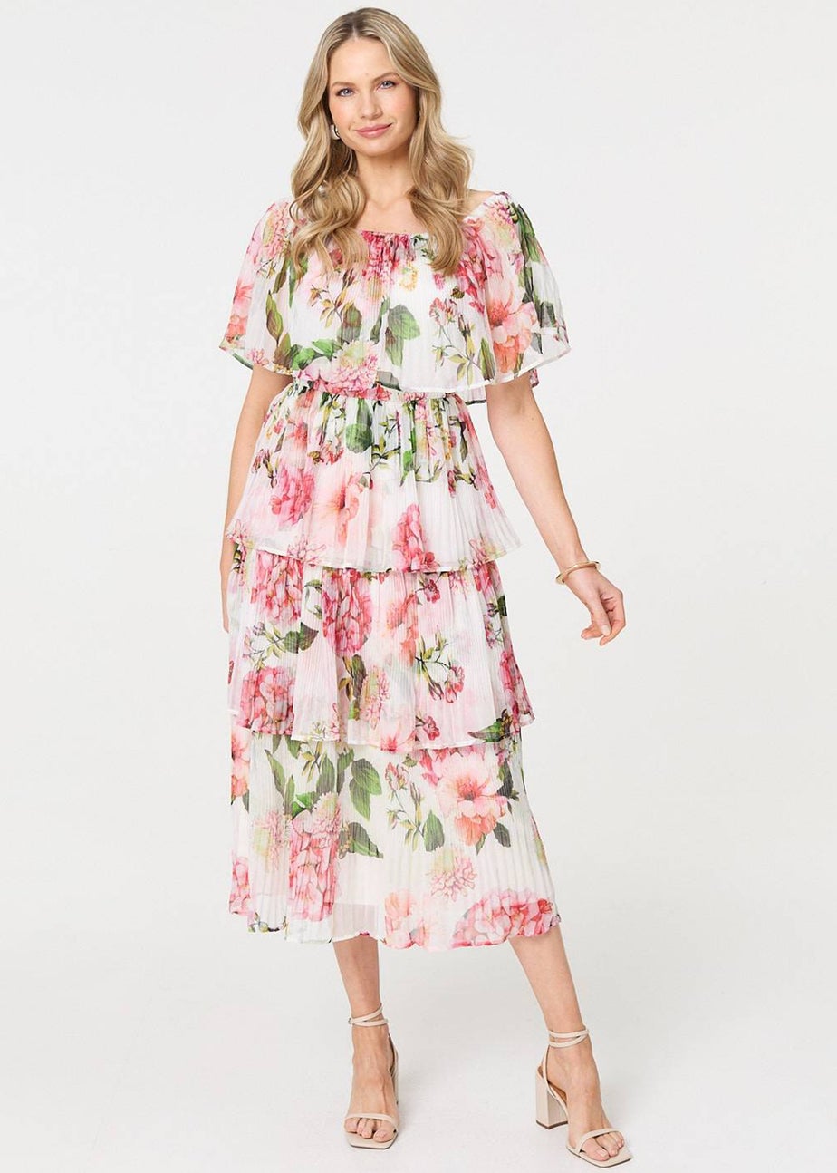 Izabel London White Floral Tiered Pleated Midi Dress