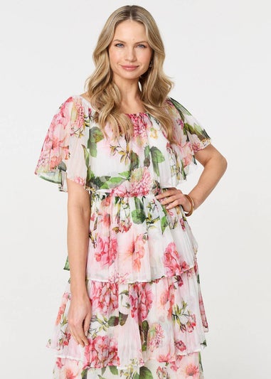 Izabel London White Floral Tiered Pleated Midi Dress