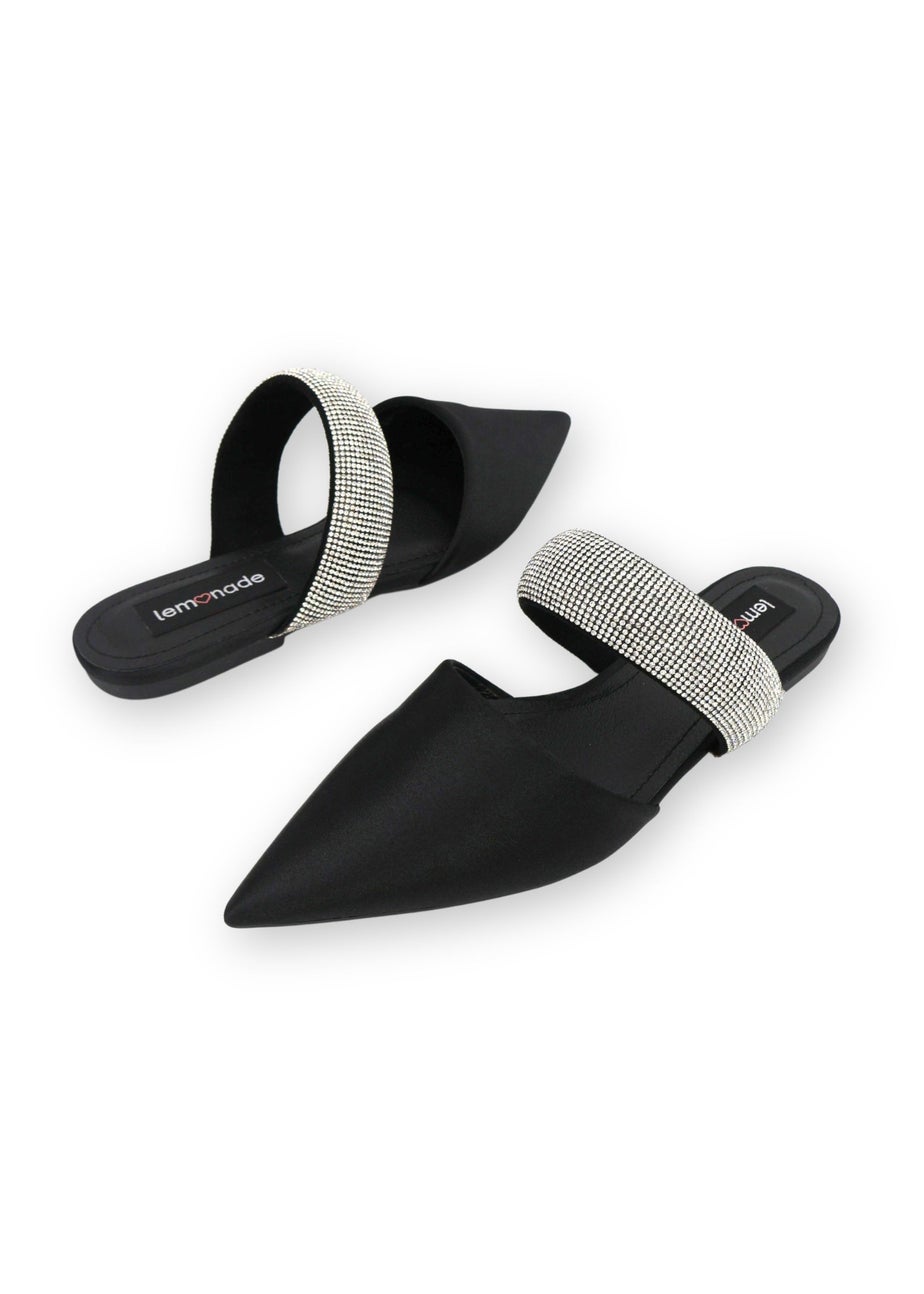 Love Lemonade Black Crystal Strap Pointed Toe Sliders
