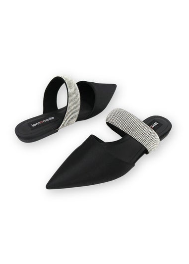 Love Lemonade Black Crystal Strap Pointed Toe Sliders