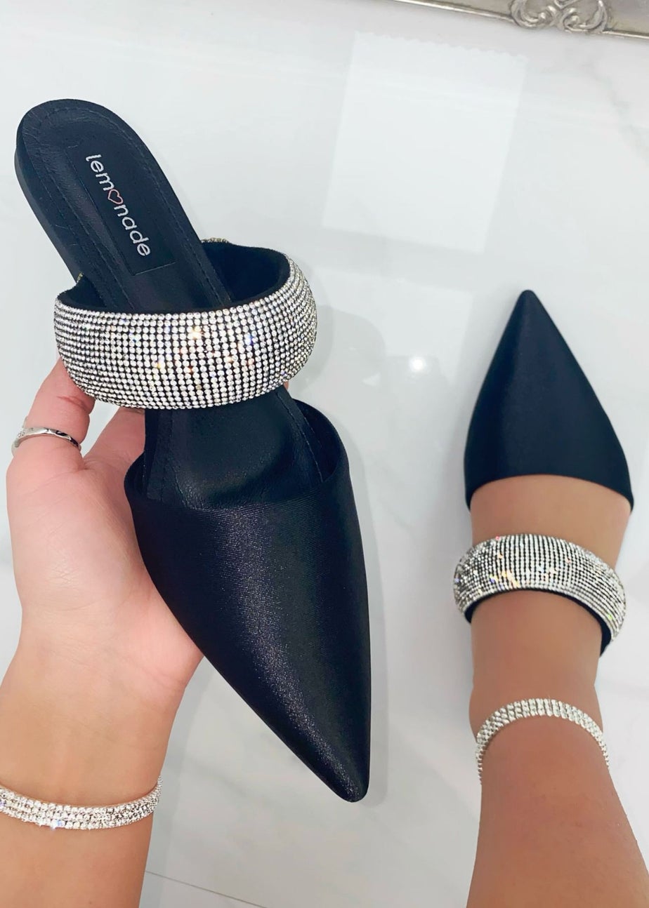 Love Lemonade Black Crystal Strap Pointed Toe Sliders
