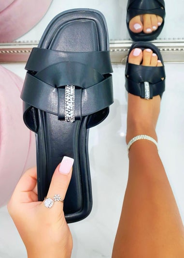 Love Lemonade Black Sparkly Crystal Wrap Flat Sliders