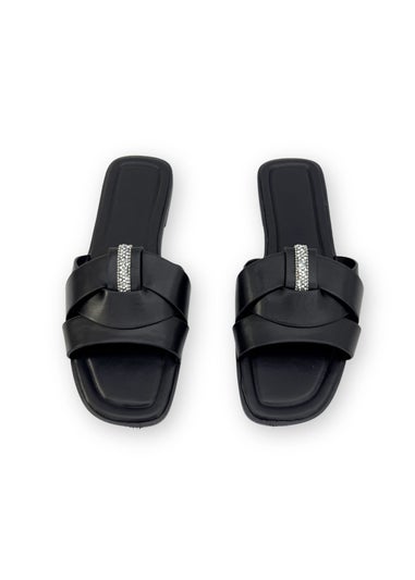 Love Lemonade Black Sparkly Crystal Wrap Flat Sliders