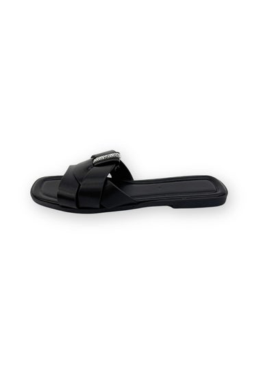 Love Lemonade Black Sparkly Crystal Wrap Flat Sliders