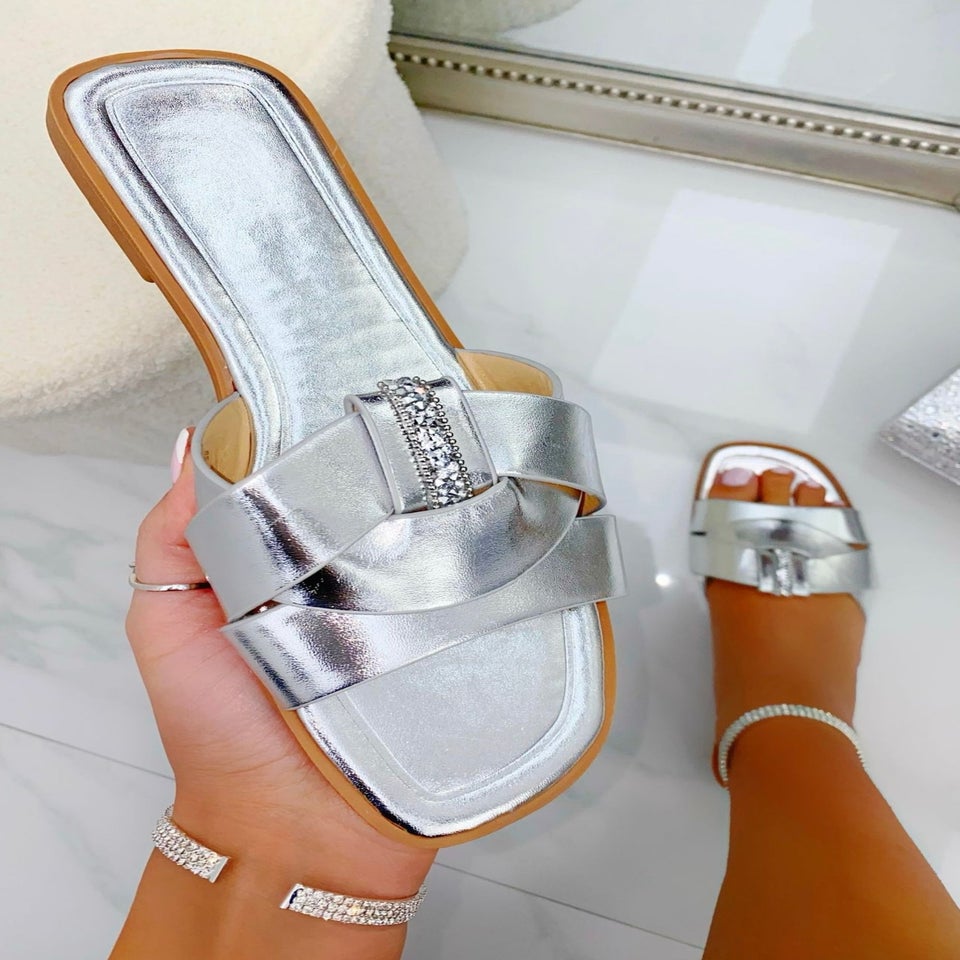 Love Lemonade Silver Sparkly Crystal Wrap Flat Sliders