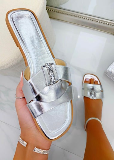 Love Lemonade Silver Sparkly Crystal Wrap Flat Sliders