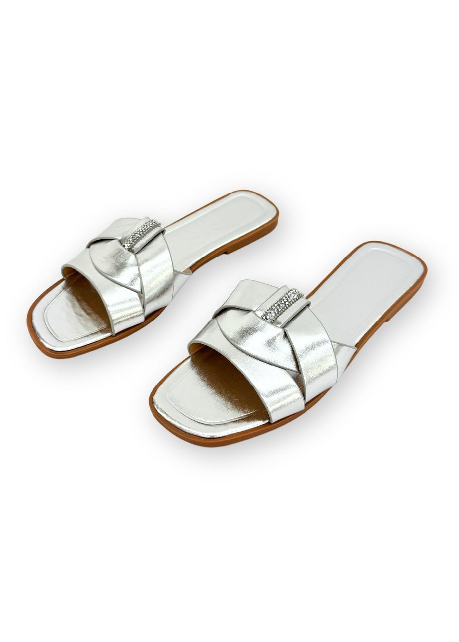 Love Lemonade Silver Sparkly Crystal Wrap Flat Sliders