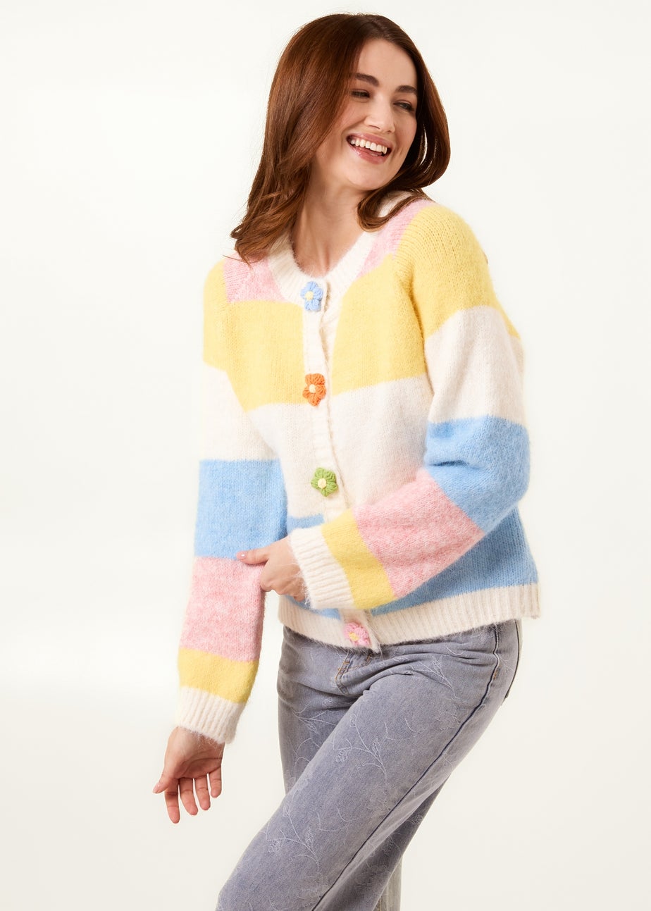 Blue Vanilla Multi Colourful Striped Cardigan With Flower Buttons