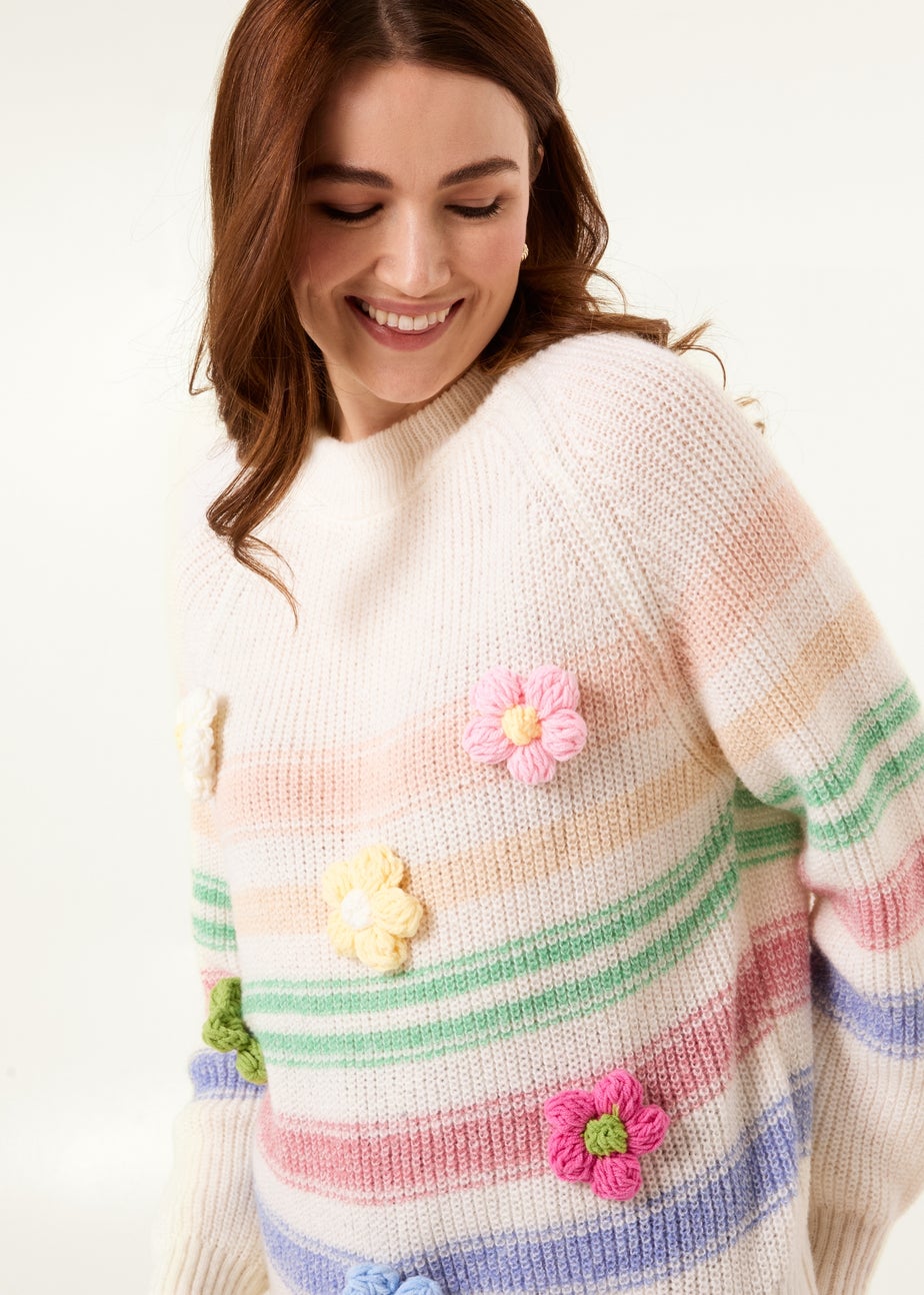 Blue Vanilla Multi Colourful 3D Flower Jumper With Stripes