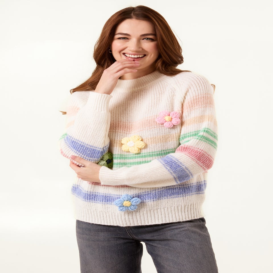 Blue Vanilla Multi Colourful 3D Flower Jumper With Stripes