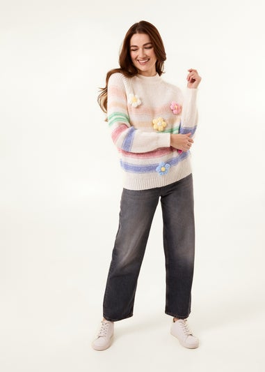 Blue Vanilla Multi Colourful 3D Flower Jumper With Stripes
