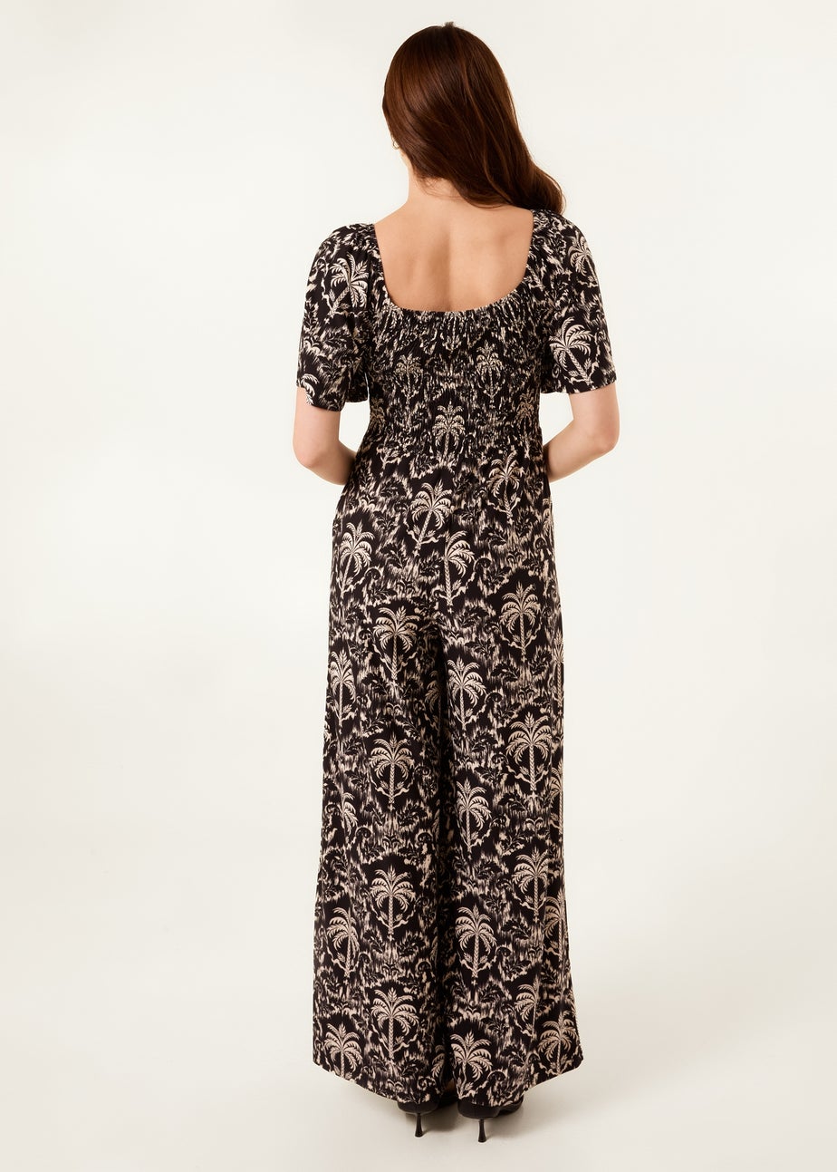 Blue Vanilla Black Palm Tree Print Square Neck Shirred Jumpsuit