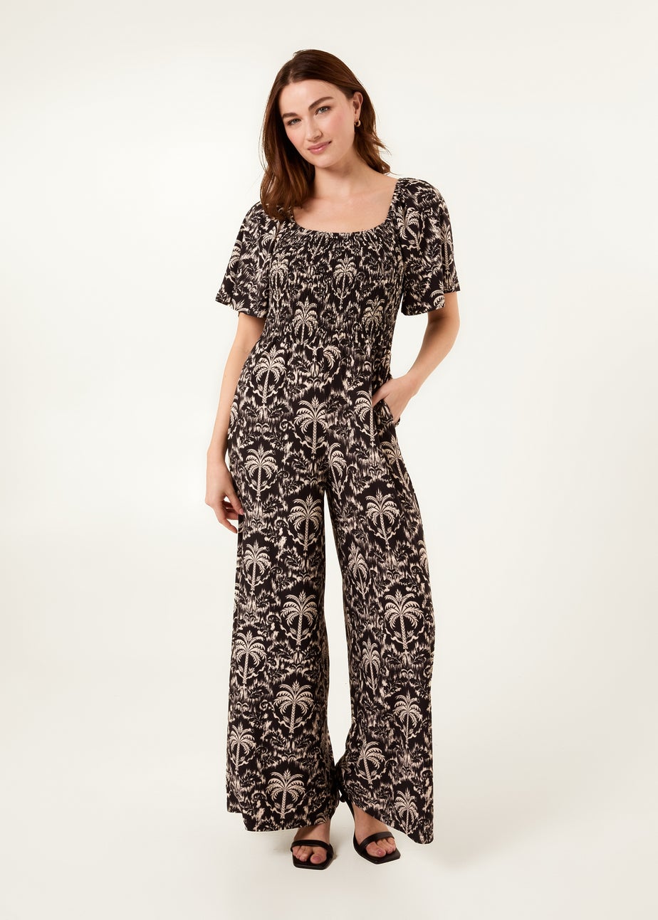 Blue Vanilla Black Palm Tree Print Square Neck Shirred Jumpsuit