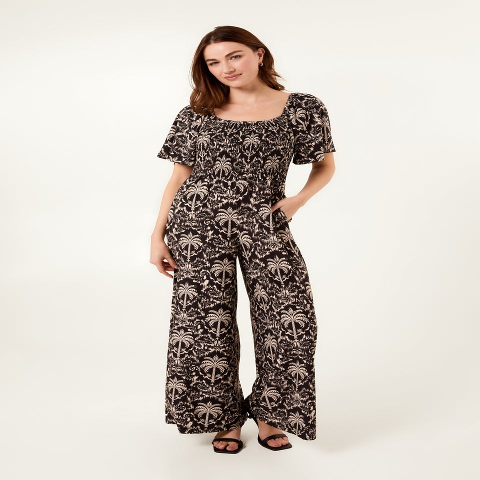 Blue Vanilla Black Palm Tree Print Square Neck Shirred Jumpsuit
