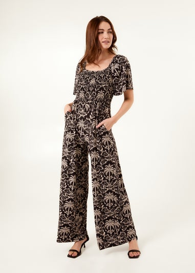 Blue Vanilla Black Palm Tree Print Square Neck Shirred Jumpsuit