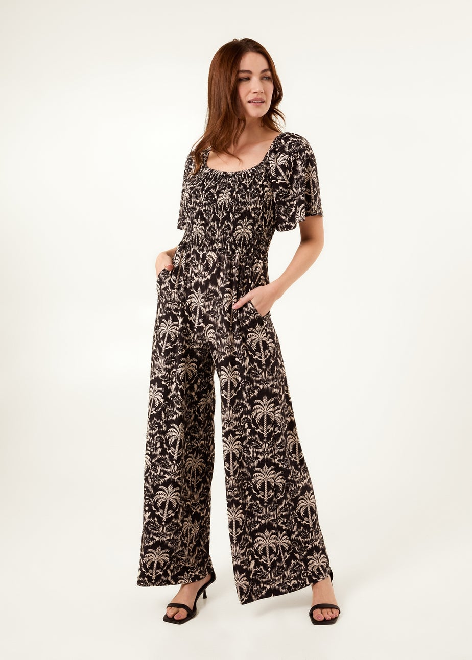 Blue Vanilla Black Palm Tree Print Square Neck Shirred Jumpsuit