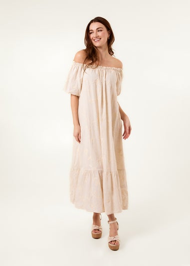 Blue Vanilla Linen Off-Shoulder Bardot Ruffle Dress