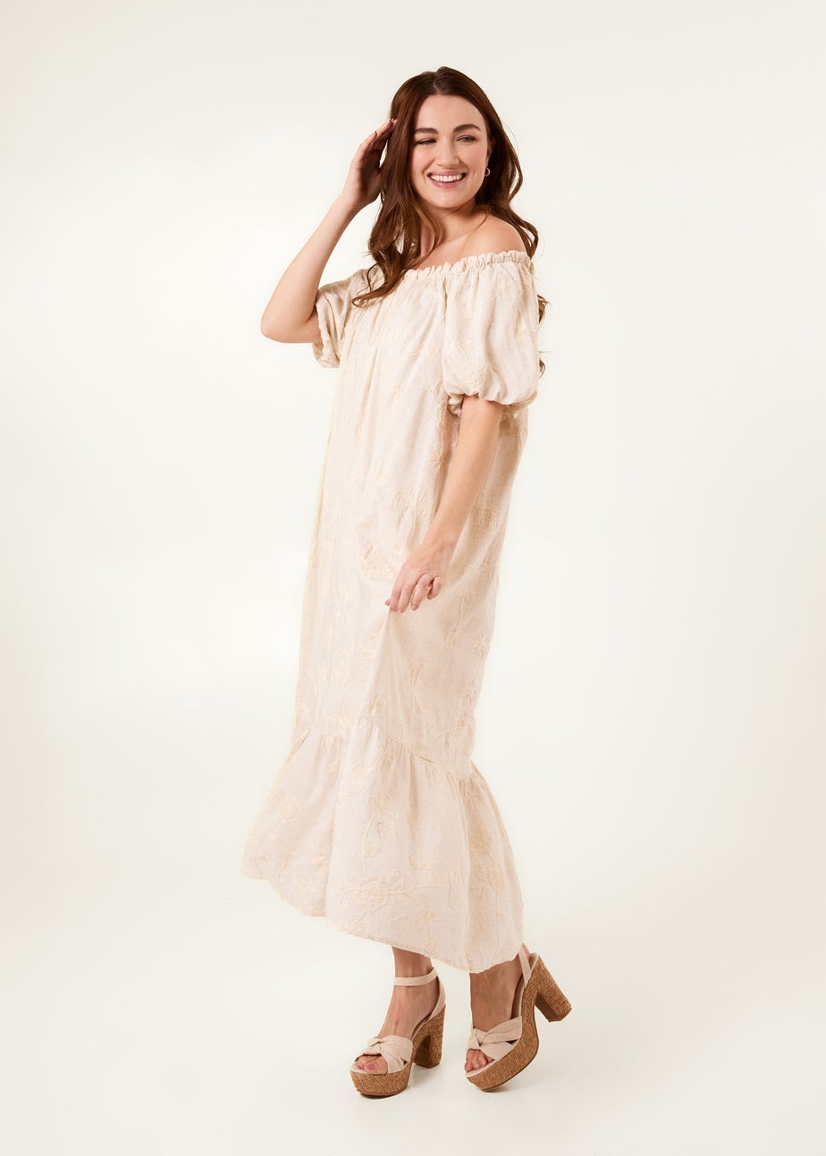 Blue Vanilla Linen Off-Shoulder Bardot Ruffle Dress