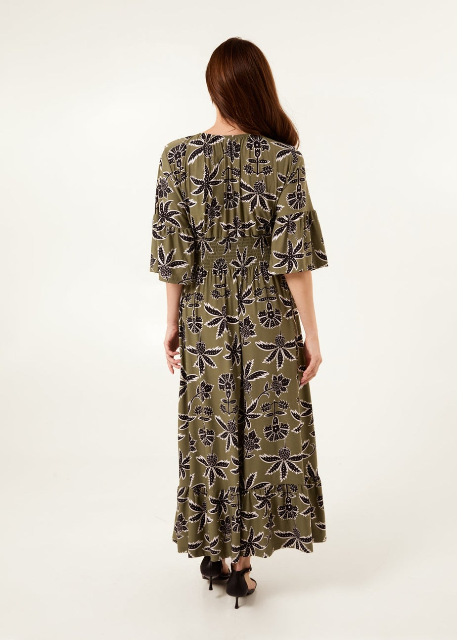 Blue Vanilla Khaki Tropical Print Elasticated Neck Shirred Waist Maxi Dress