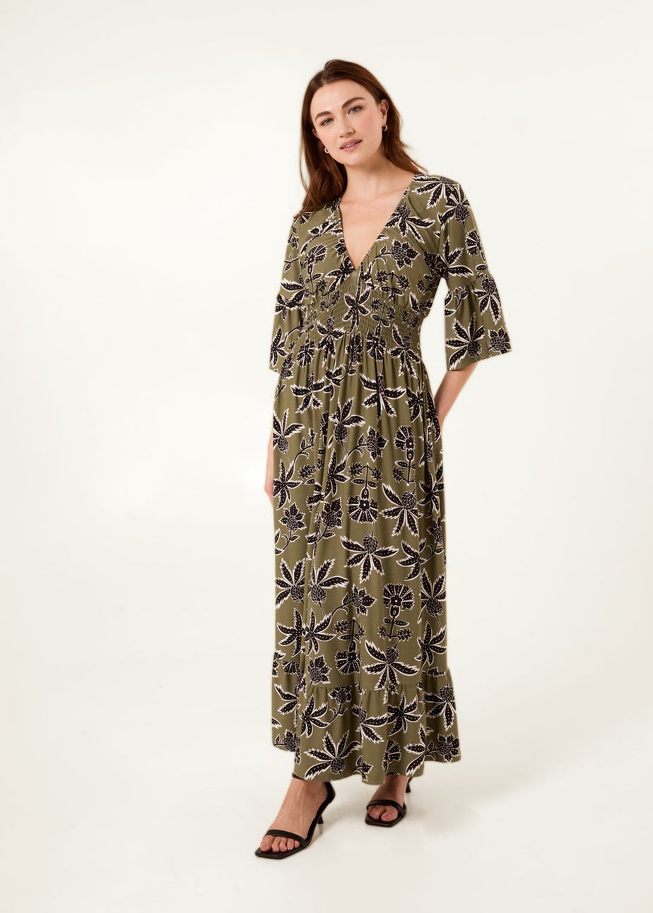 Blue Vanilla Khaki Tropical Print Elasticated Neck Shirred Waist Maxi Dress