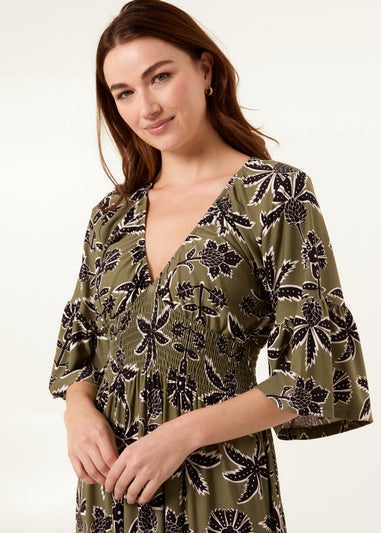 Blue Vanilla Khaki Tropical Print Elasticated Neck Shirred Waist Maxi Dress