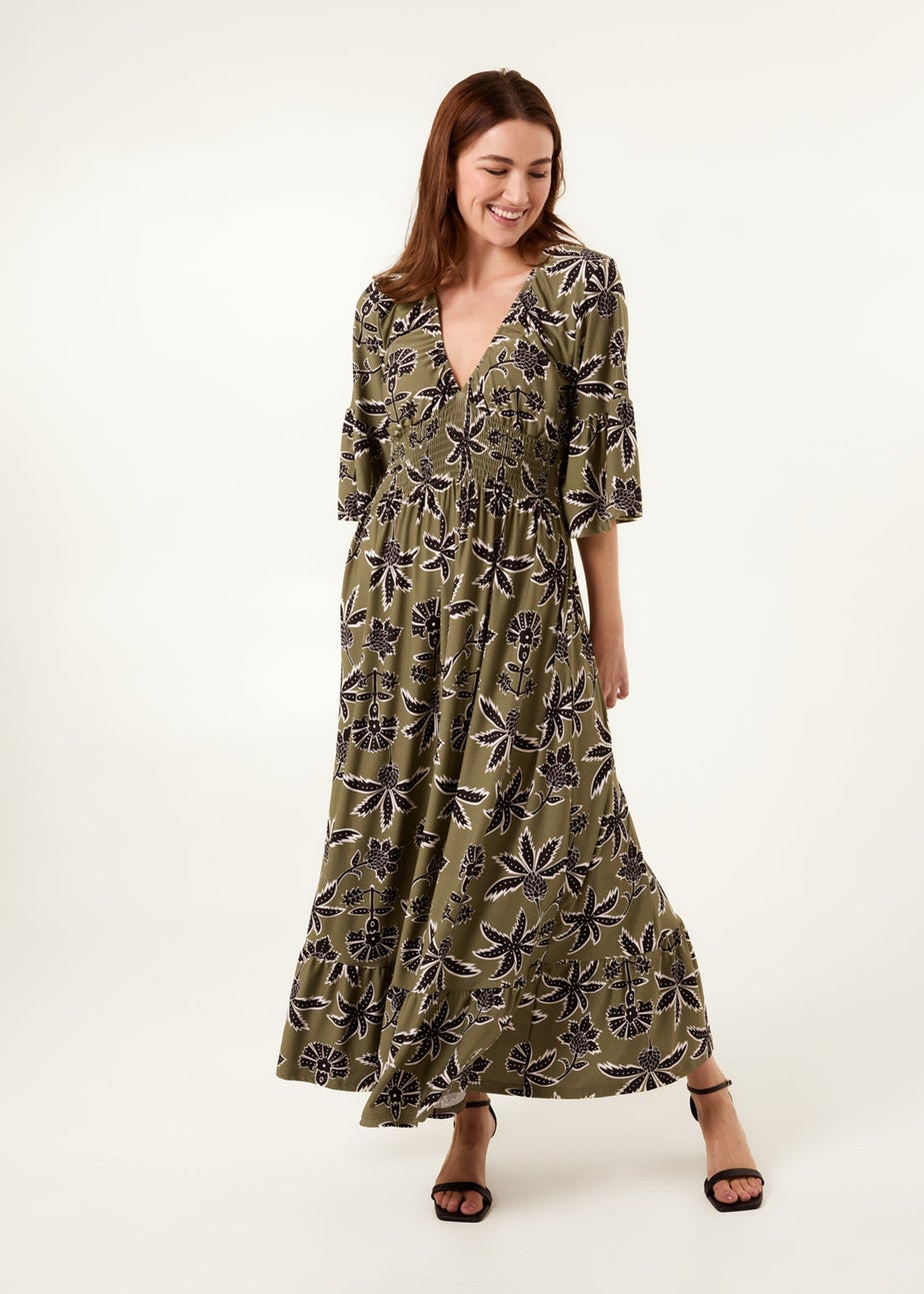 Blue Vanilla Khaki Tropical Print Elasticated Neck Shirred Waist Maxi Dress