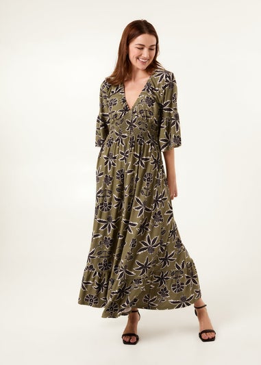 Blue Vanilla Khaki Tropical Print Elasticated Neck Shirred Waist Maxi Dress
