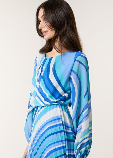 Blue Vanilla Blue Swirl Print Pleated Round Neck Dress
