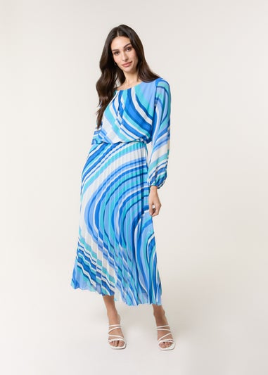 Blue Vanilla Blue Swirl Print Pleated Round Neck Dress