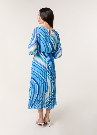 Blue Vanilla Blue Swirl Print Pleated Round Neck Dress