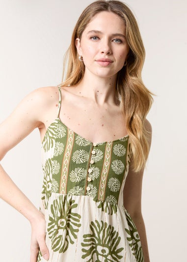 Blue Vanilla Khaki Abstract Strappy Button Front Maxi Dress